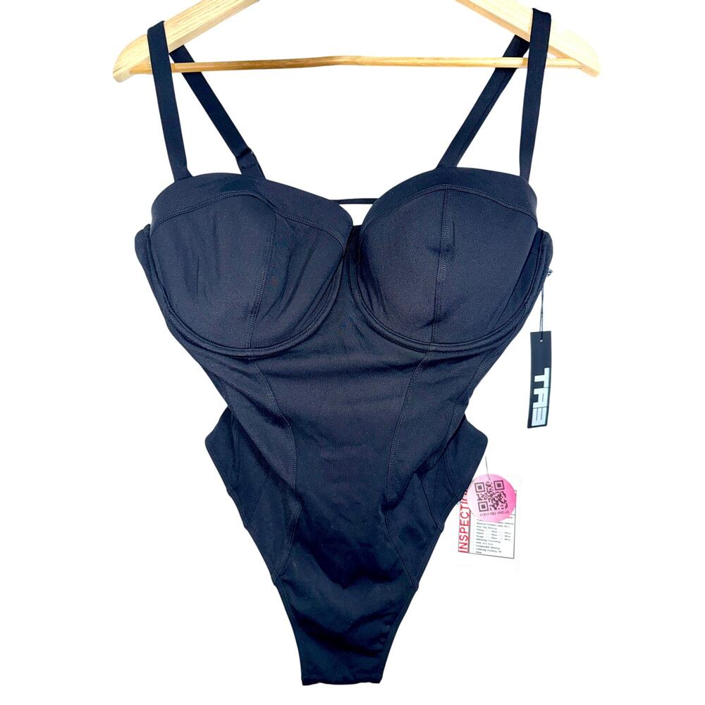 NWT TA3 Hi Cut Pushy Black Underwire Lace Up One Piece Swimsuit Size L Short F/G
